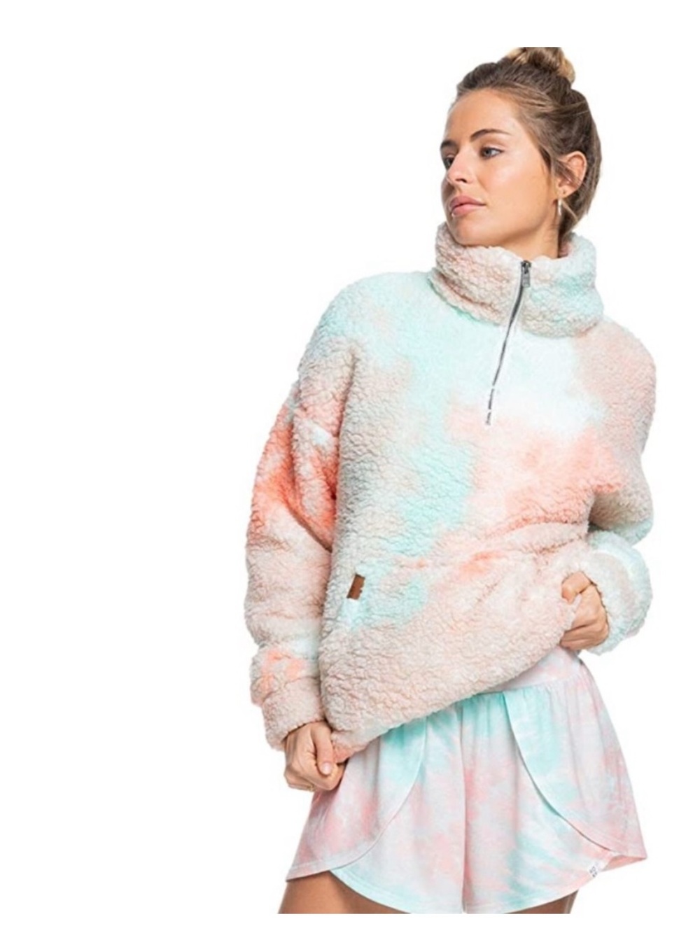 Roxy Pastel Tie Dye Sherpa Fleece Quarter Zip Pullover Size Small
